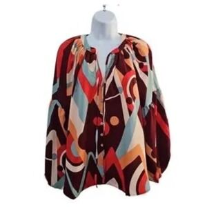 August Sky Womens Abstract Print Button Down Lantern Sleeve Blouse M